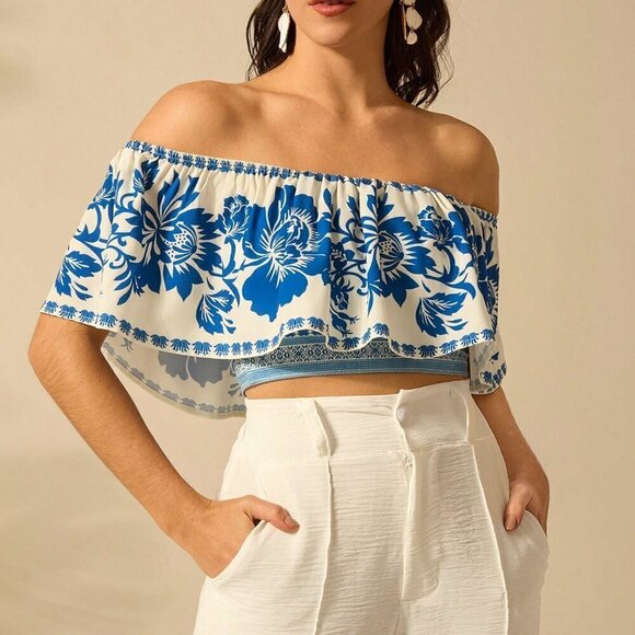 Multicolor Boho Women's Summer Flower Printed Flounce Off-Shoulder Crop Top - Picture 4 of 7